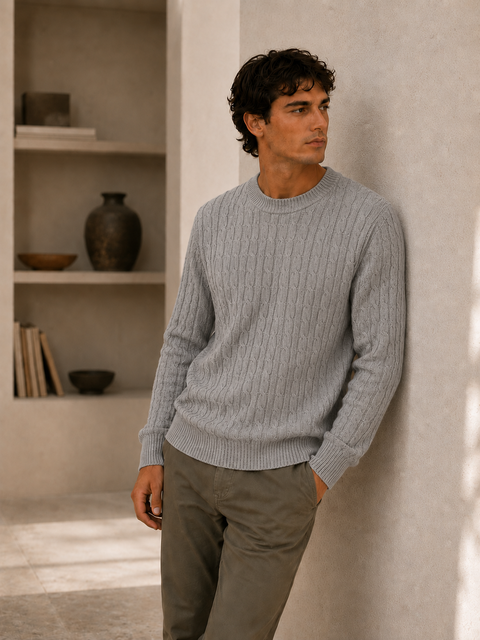 Premium Men's Cable Knit Sweater 100% Cotton Crew Neck Custom Logo Private Label Knitwear