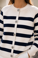 Cardigan décontracté rayé à col rond en 100 % laine épaisse 12G pour femme, 517g, pull tricoté à manches raglan longues pour l'automne et l'hiver