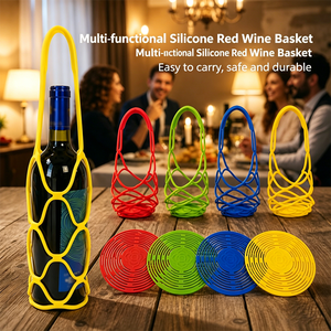 Porte-bouteille de vin portable en silicone 2-en-1 avec sac en maille extensible et dessous de <span class=keywords><strong>verre</strong></span> résistant à la chaleur – Idéal <span class=keywords><strong>pour</strong></span> pique-nique, fête ou cadeau de pendaison de crémaillère - Product Image 4