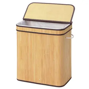 Double Folding Laundry Basket with Lid Handles and Removable Liner Bamboo Hampers Dirty Clothes Storage Rectangular NATURE