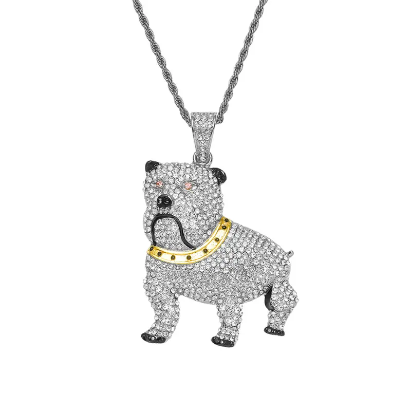 Hot Selling Hip Hop Fashion Brand Men's Jewelry Inlaid Zircon Iced Bulldog Dog Pendant Necklace For Gift