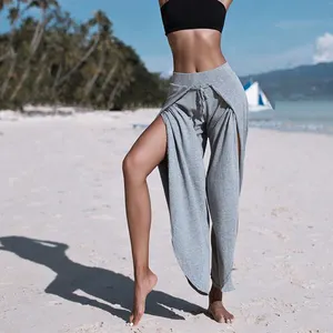 <span class=keywords><strong>Pantaloni</strong></span> da donna a vita alta <span class=keywords><strong>con</strong></span> coulisse, gamba larga, spacco laterale, vestibilità ampia, per spiaggia, yoga e tempo libero, grigio - Product Image 5