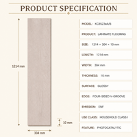 Plancher décoratif en stratifié Yamal 1214x304x10mm pour décoration intérieure, grade d'émission ENF, système de pose à clipser, rainures en V sur quatre côtés