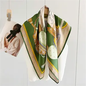 Custom Logo Green Design 100% Real Silk Scarves 14mm Silk Satin Printing Machine Hemming Square Scarf 90*90cm Women Shawl