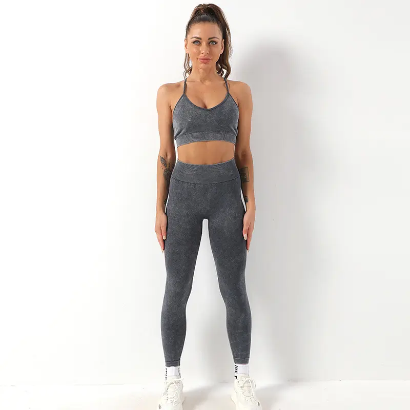 Atacado Workout Suit 2pcs Sem Costura Ácido Lavado Yoga Set Activewear Sports Bra Ginásio Outfits Define Mulheres Fitness Set