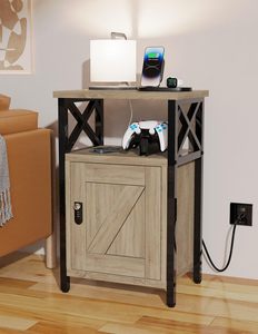 Table de chevet en bois gris avec station de charge 3 USB et 2 prises Table pour le rangement dans le salon Chambre à coucher pour l'organisation des outils - Product Image 6