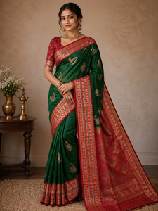 Green Silk <b>Saree</b> With Peacock Embroidery <b>Red</b> Border with Blouse Material For Wedding And Festival Wear - Product Image 1