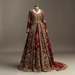 Maroon Long <b>Jacket</b> Embroidered Silk Lehenga <b>Dress</b> With Floral Pattern Traditional <b>Wedding</b> <b>Dress</b> <b>For</b> Women India Pakistan Style - Product Image 1