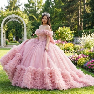 Vestido de quinceañera de tul con capas y volantes pesados, color rosa empolvado, modelo Dy8526, ideal para bailes de graduación y concursos de belleza, marca Jancember. - Product Image 1