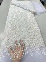 Tissu de dentelle africaine de luxe brodé de perles lourdes, motifs floraux, pour robes de mariée et de soirée pour femmes
