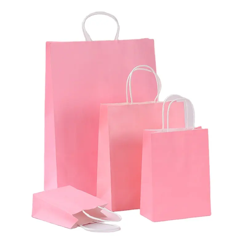 Wholesale Kraft Paper Bag Custom Logo Shopping kraft Pink Paper Bag Boutique Bags With Handle