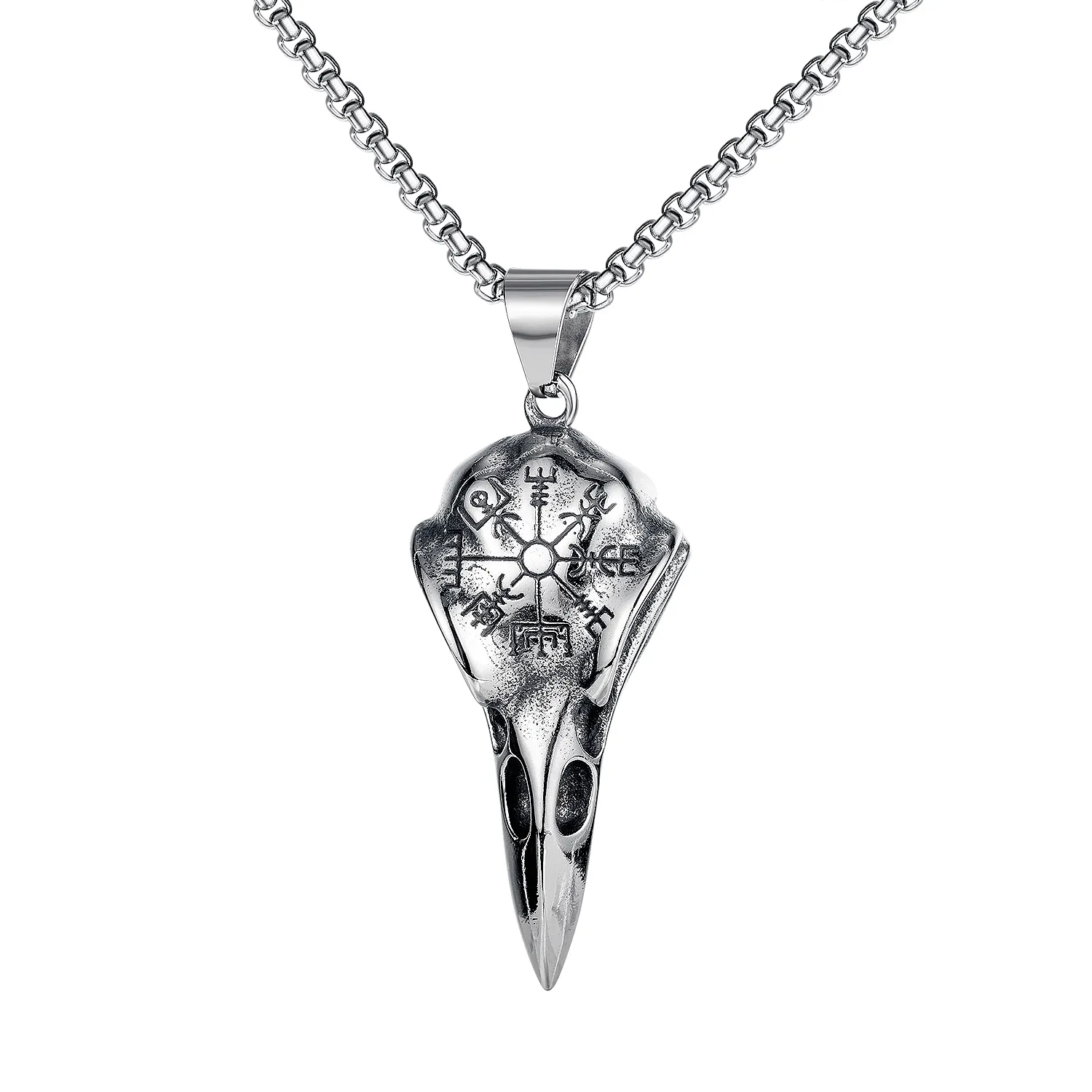 Vintage Viking Stainless Steel Norse Talisman Necklaces Box Chain Jewelry Runic Raven Skull Pendant Necklace for Men Boys