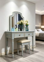 Coiffeuse de luxe en bois massif d'acajou de style français avec miroir éclairé, 2 tiroirs de rangement, meuble de chambre polyvalent et durable