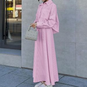 Ensemble deux pièces en lin à prix abordable : chemise décontractée à col rabattu en lin rayé et jupe trapèze en lin à taille élastique – Tenue quotidienne OOTD - Product Image 2