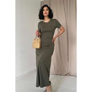 Robe longue kaki florale élégante en viscose, style kaftan, translucide, drapée, ajourée, taille XS, idéale pour les sorties de jour et les clubs. - Product Image 4