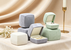 Boîtes à bijoux haut de gamme faites à la main, ensemble complet, enveloppées de tissu en velours, base rigide, combinaison de trois couleurs blanc, gris, vert, magnétiques - Product Image 3