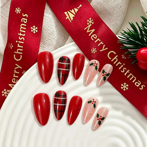 24 faux ongles à presser, forme amande, motif carreaux rouges et noirs de Noël, design baies de houx, avec lime à ongles, vente en gros, dropshipping - Product Image 2