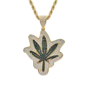 DUYIZHAO Land Green Plant Accessories Micro Pave CZ Hip Hop Rap Jewelry Leaf Maple Leaf Pendant with 3MM 24inches Rope Chain