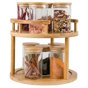 Wooden <b>Spice</b> Rack Double Layer Rotating Storage Organizer With Airtight <b>Jars</b> For Kitchen Countertop Use - Product Image 5