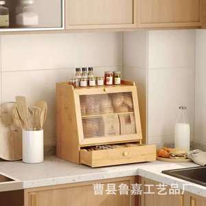 Caja de pan de madera maciza con almacenamiento de varias capas, tapa abatible y estante divisor para uso en encimera de cocina. - Product Image 2