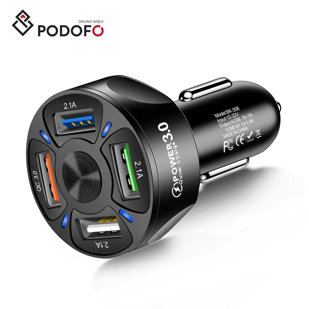 Pofodo Android 4 Car charger Led Light Display 12-32V QC3.0 USB Fast Charge for Car/Truck Universal