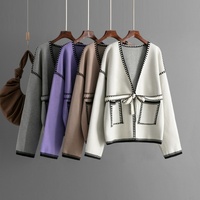 Nouveau cardigan ample à col en V pour femme - Manteau en tricot à manches longues avec blocs de couleur