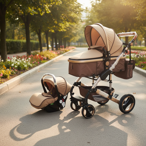 Poussette bébé 3-en-1 en promotion, châssis en alliage d'aluminium, repose-pieds réversibles, siège auto, siège haute, pliable, sac à couches, poignée en PU - Product Image 1