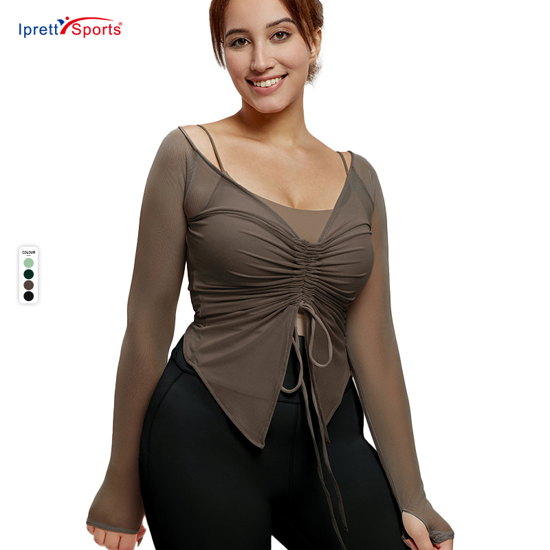 Tummy Control Tie Front Design Yoga Wrap Tops Breathable V Neck Long Sleeve Fitness Workout Mesh Yoga Shirt Women