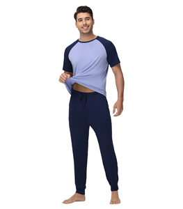 Clearance Stock Men's Gray Solid Color Short <b>Sleeve</b> Pajama Set Knitted Bamboo Sleepwear <b>with</b> Pockets Pajama Wholesale Ready Ship - Product Image 3