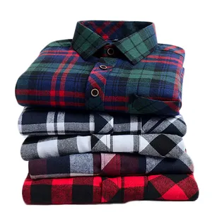 Camicia di flanella all'ingrosso etichetta con Logo personalizzato manica lunga abito Casual camicia di flanella a righe scozzese in cotone