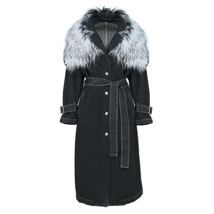 Wholesale Detachable Big Natural Mongolian Lamb Fur Collar Trench Coat Belt Soft Jeans Ladies <strong>Women</strong> Winter Real Fur <strong>Denim</strong> <strong>Jacket</strong> - Product Image 1