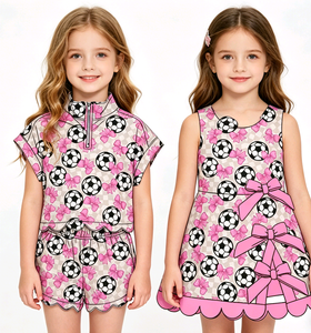 Custom Boutique Casual Cute Soccer Sister Big Bows Baby Girls T-Shirt Shorts Set Scallop Edge Dress Little Girls Shorts Outfits - Product Image 1