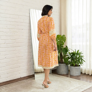 Vestido Midi con Estampado Floral, Cuello Mandarín, Manga Tres Cuartos, Corte Holgado, Informal, de Verano, Tejido de Viscosa y Poliéster para Mujer - Product Image 1