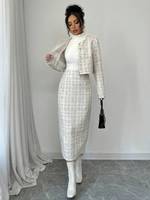Ensemble Deux Pièces pour Femme : Veste en Tweed à Manches Longues et Jupe Trapèze Imprimée pour la Saison d'Automne