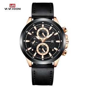 Fashion Mens Luxury Chronograph Watch Black Gold <b>Case</b> Textured Dial Leather Strap Quartz Wristwatch for Gift - Product Image 1