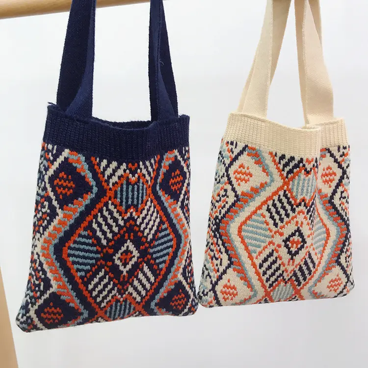 Bohemian Ethnic Style Vintage Knitted Women Handbag Geometric Plaid Retro Azetc Single Shoulder Tote Bag For Daily Shopping