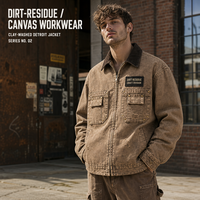 Veste imperméable à capuche personnalisée OEM style streetwear vintage, en molleton épais 480 g/m², col en velours côtelé vieilli, effet délavé couleur argile sale