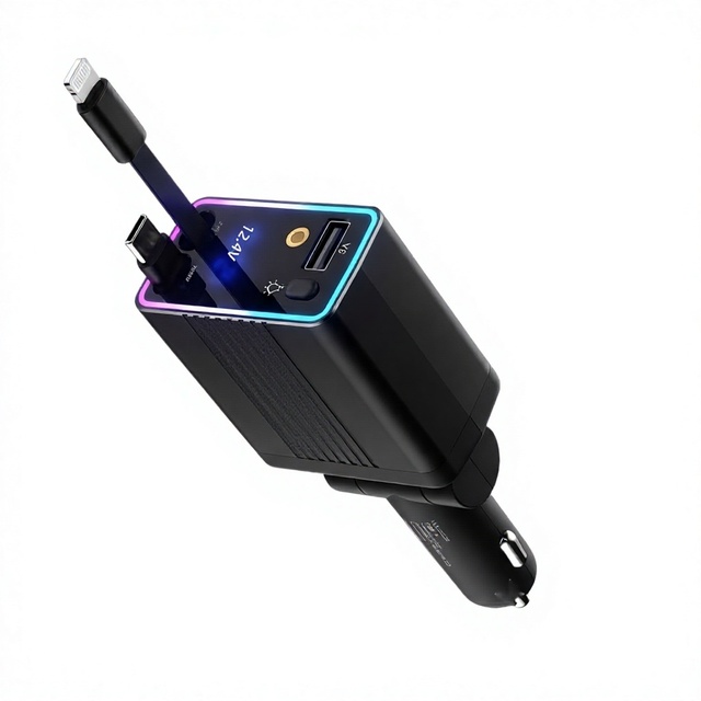 2026 New GaN Aluminum Alloy Car Charger Starry-Top Retractable Cable USB-A/USB-C/ Ports Super-Fast Charging Adapter