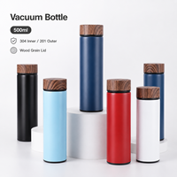 Bouteille isotherme premium 500 ml avec couvercle en bois, intérieur en acier inoxydable 304, couche sous vide visible, gourde portable, cadeau, vente en gros