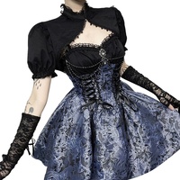 Robe en dentelle florale bleu foncé style Gothic Lolita avec chaînes en diamant argenté et gants assortis - Vente en gros/ODM Ensemble Élégance Victorienne 3D