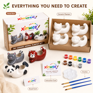 Kit per Dipingere Vasi in Ceramica a Forma di Animali, <span class=keywords><strong>Set</strong></span> Creativo per Bambini con Vasi per Piante Grasse a Forma di Panda e Gatto, Regalo Decorativo per le Festività - Product Image 2