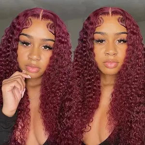 Perucas frontal renda borgonha 99j, cabelo humano encaracolado, vermelho colorido 13x4 transparente hd para mulheres negras