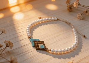 Braccialetto Semplice e Classico con Perle Bianche Miyuki Intrecciate a Mano, Vendita Diretta dalla Fabbrica, Motivo a Diamante - Product Image 3