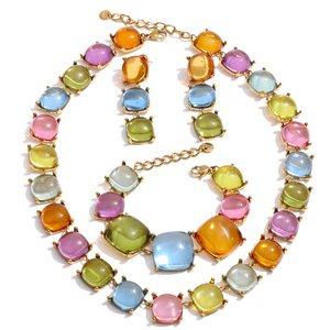 Ensemble de bijoux JINYOU 5780 vintage, bracelet, <span class=keywords><strong>collier</strong></span> et boucles <span class=keywords><strong>d</strong></span>'oreilles en résine carrée plaquée <span class=keywords><strong>or</strong></span>, résistant à l'eau - Product Image 1