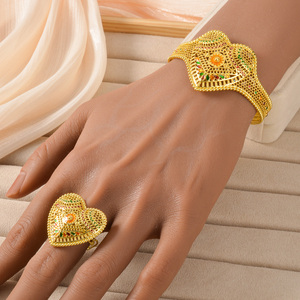 Filigree Openwork Colorful Heart Copper 18k Gold Plated <b>Women</b> Vintage Luxury Wholesale Cuff Bracelet <b>Ring</b> <b>Set</b> - Product Image 1