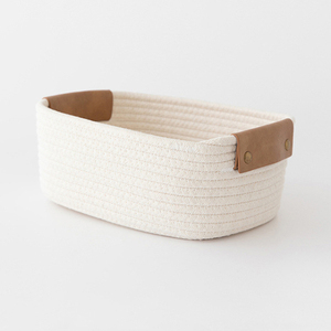 Leather Handles Woven Cotton <strong>Rope</strong> <strong>Storage</strong> <strong>Basket</strong> Tabletop Household Miscellaneous <strong>Storage</strong> <strong>Basket</strong> with Fabric Material - Product Image 1