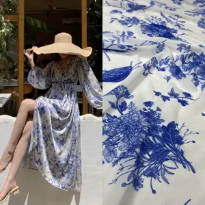 Tissu en mousseline de soie polyester à imprimés, perles, bleu et blanc, étoffe à motifs numériques en porcelaine, 2022