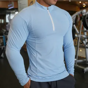 高品质快干男士运动1/4拉链套头衫t恤长袖跑步运动服健身压缩衬衫