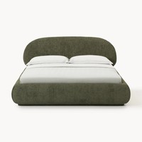 Lit double haut irrégulier avec tête de lit incurvée en tissu de coton et lin rembourré couleur crème