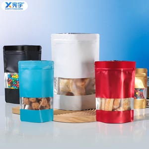 Sachet Doypack en aluminium coloré avec fenêtre transparente et fermeture éclair en plastique laminé pour bonbons, noix, aliments secs pour animaux - Product Image 2